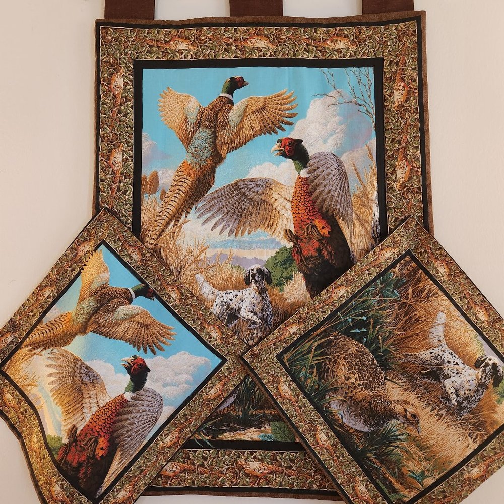 Handmade Wall pano set.Hunting motif with dog and birds print.